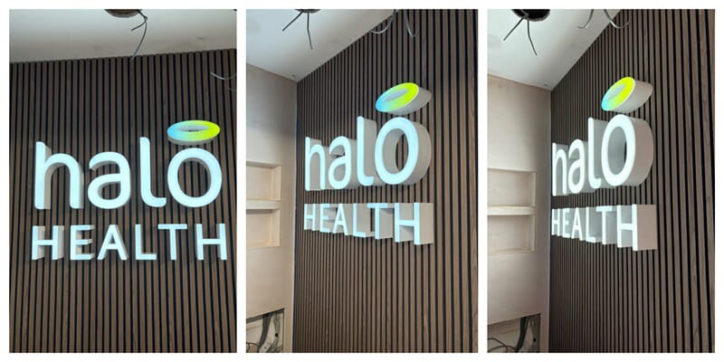 A collage of the interior Halo health lettering and signage.